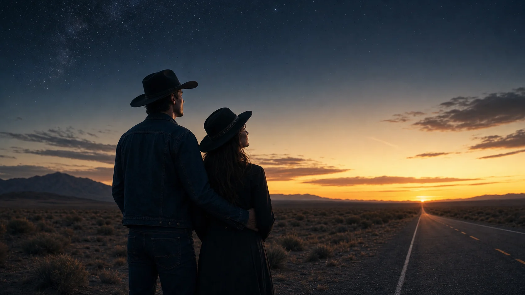 Two artists looking down an open road at sunset