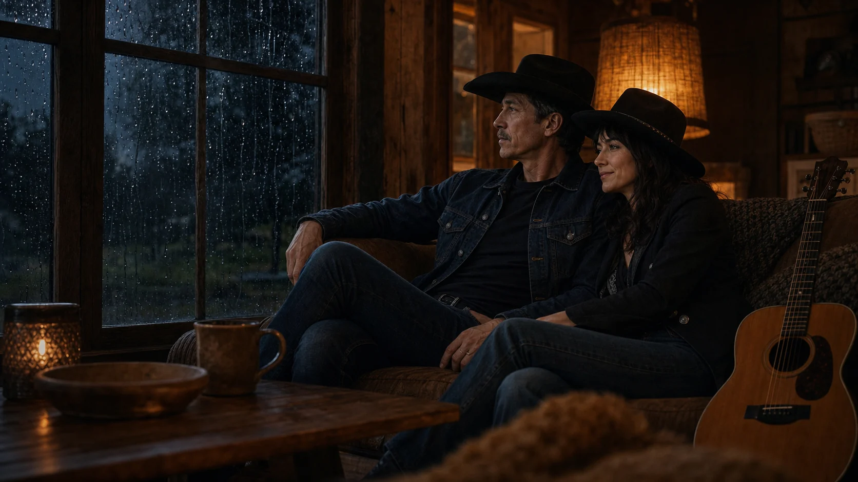 Two artists seated beside a rain-covered window