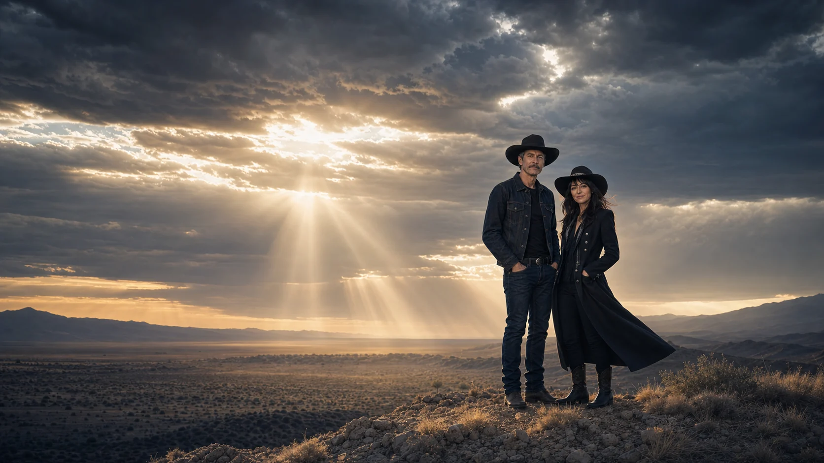 Two artists standing beneath rays of light