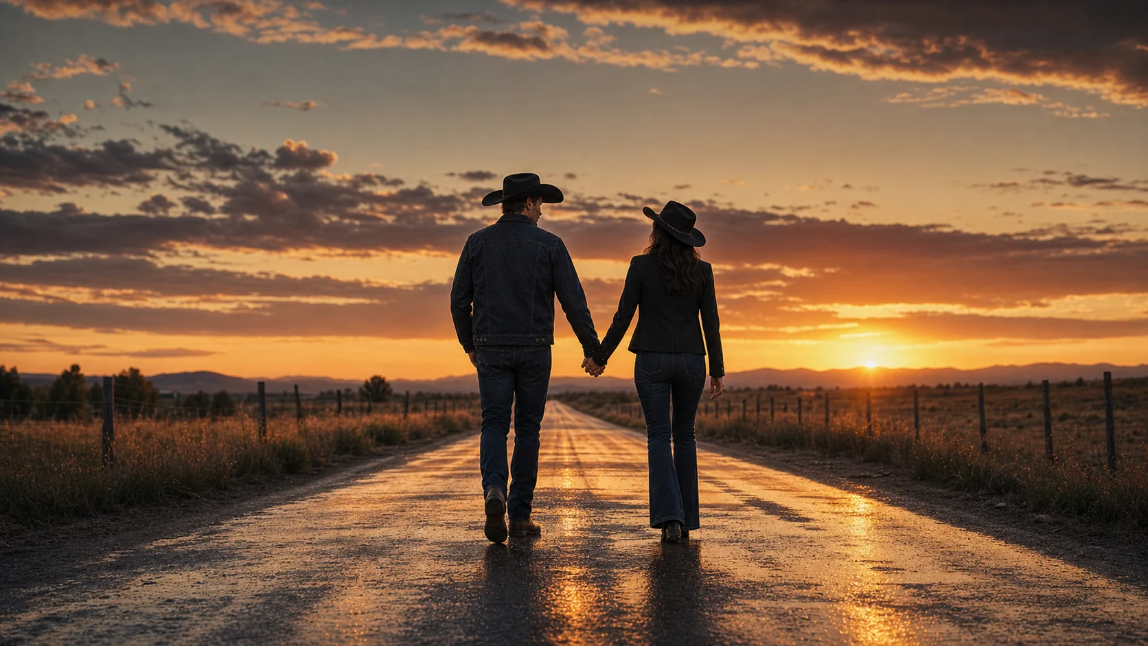 Two artists walking hand in hand along a sunset road