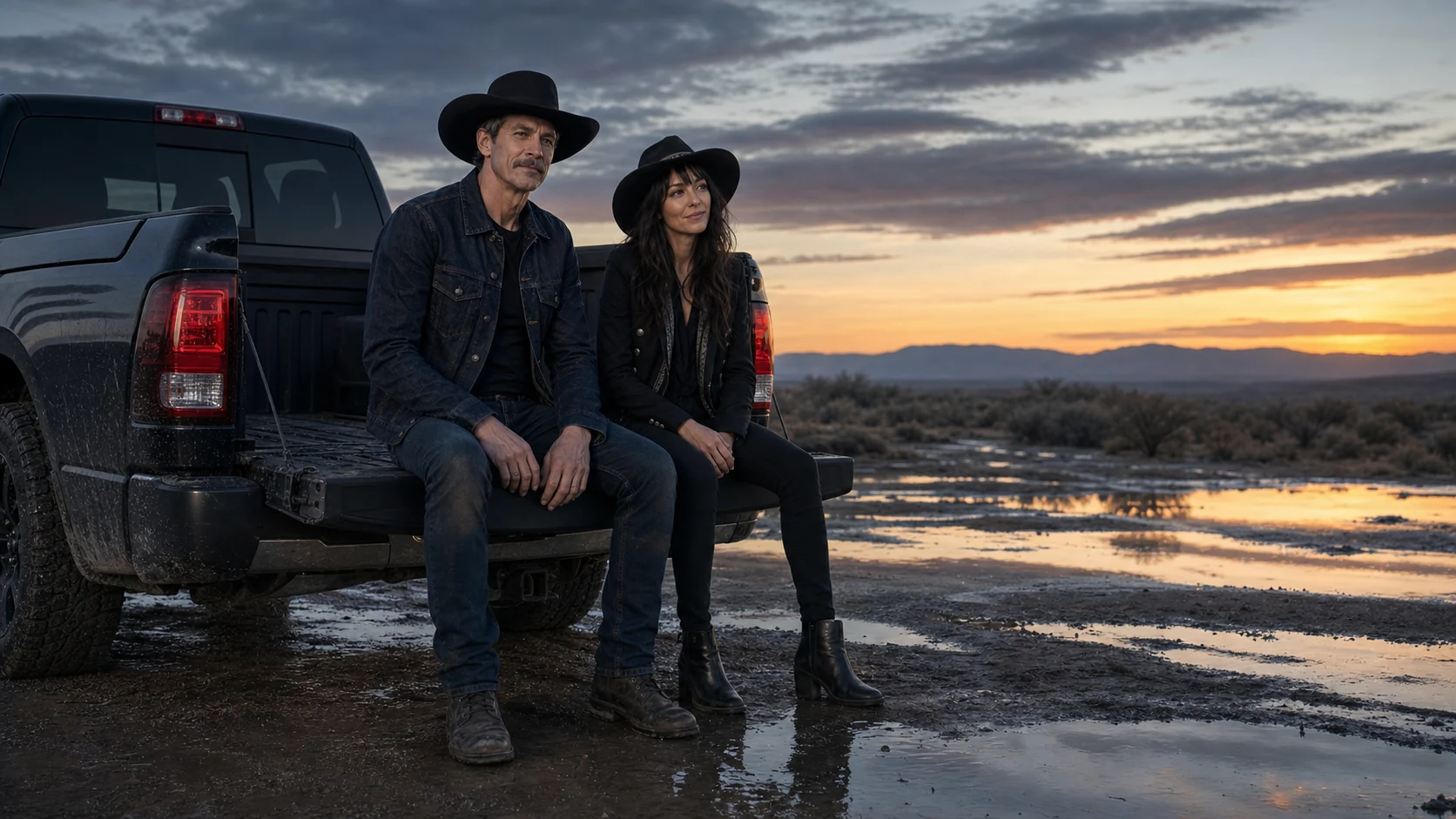 Two artists sitting on a pickup truck at dusk