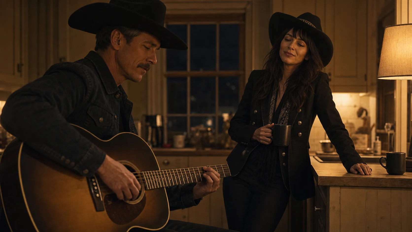 An intimate evening performance with an acoustic guitar