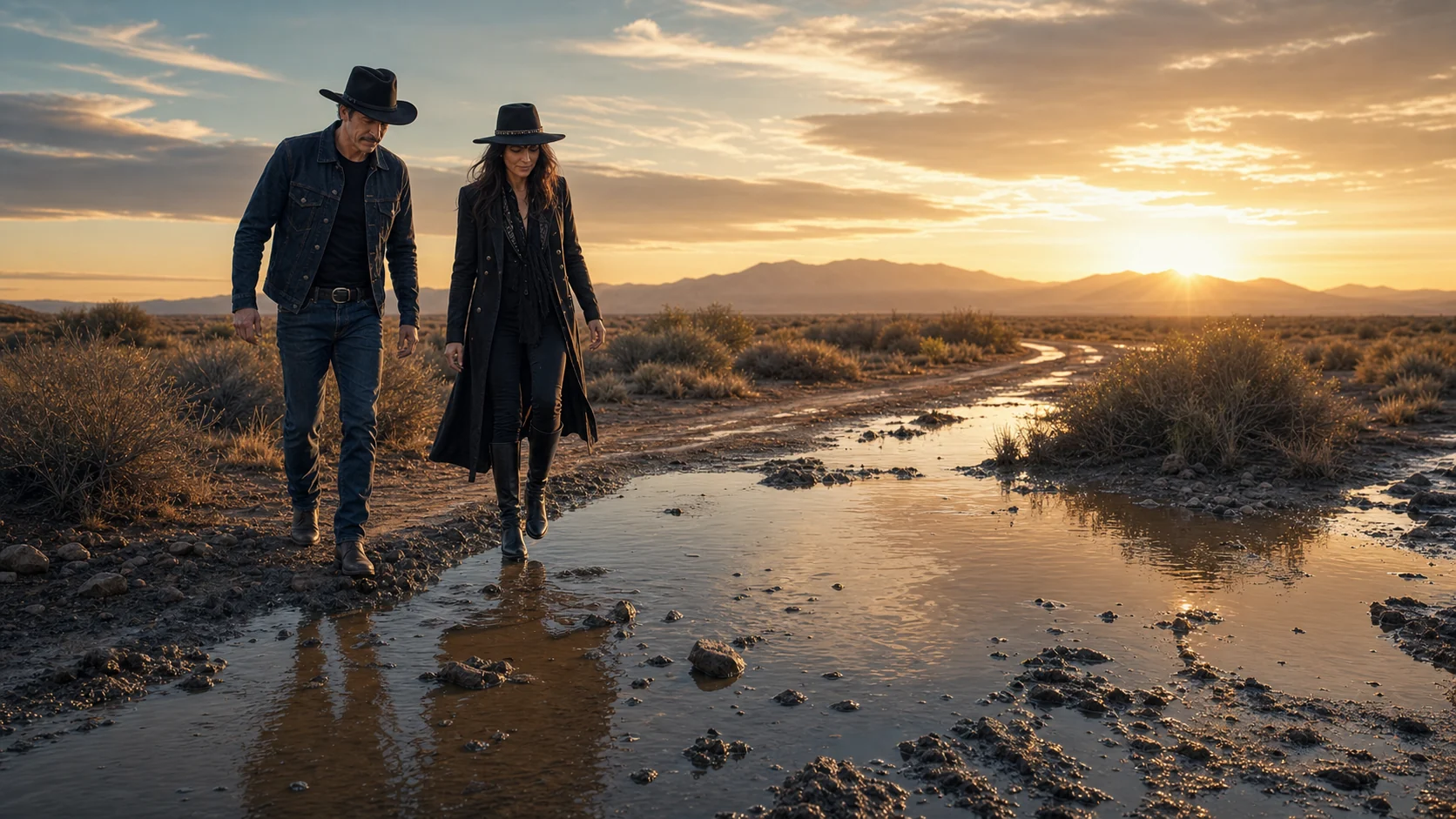 Two artists walking beside a reflective desert track