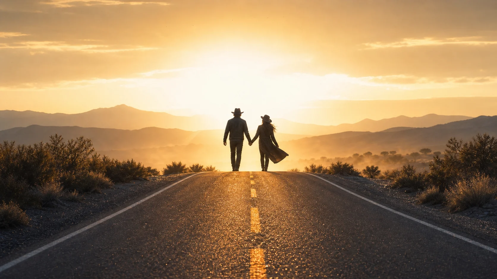 Two silhouetted figures cresting a road at sunset