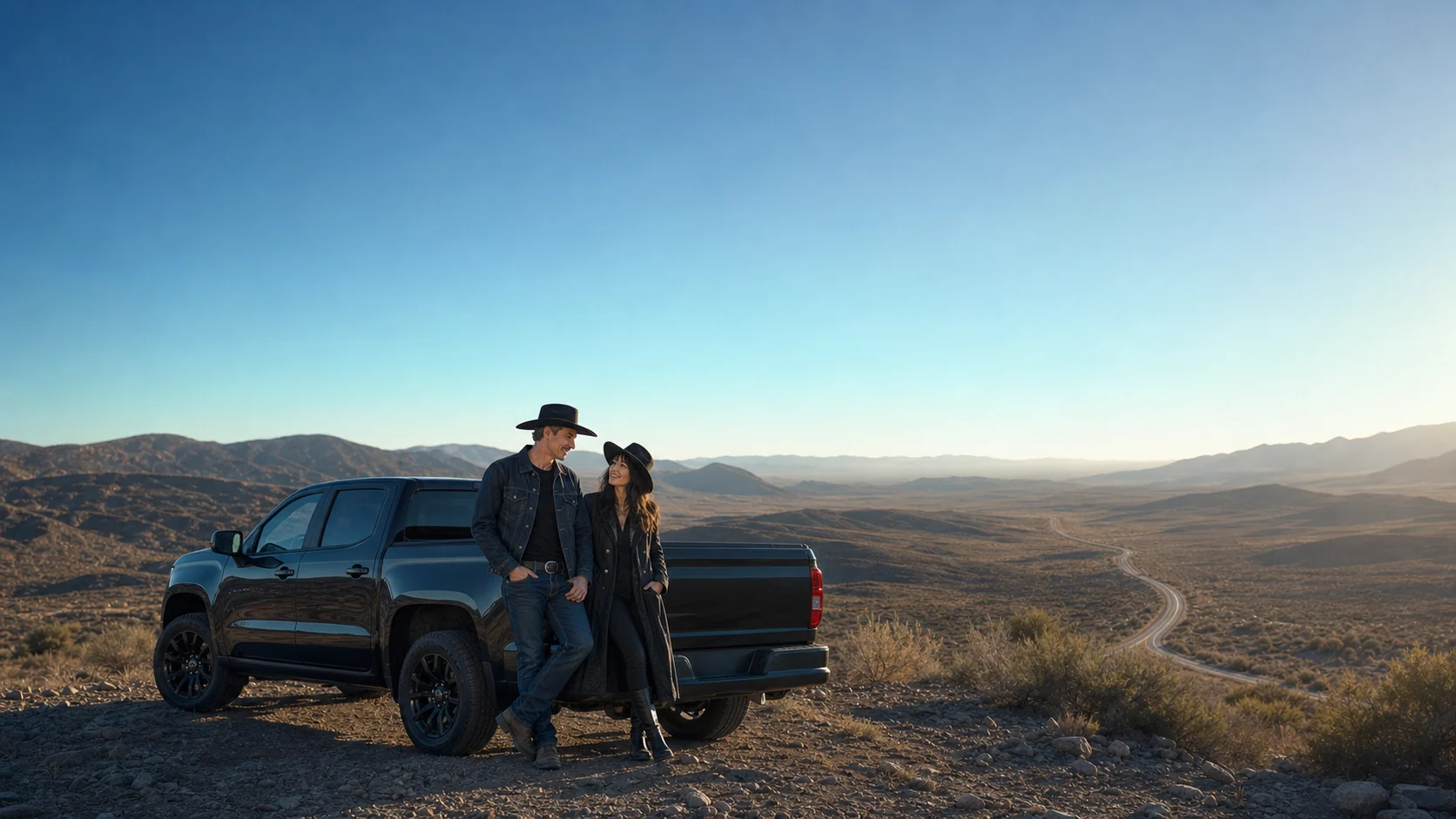 Two artists standing beside a pickup truck overlooking an open landscape
