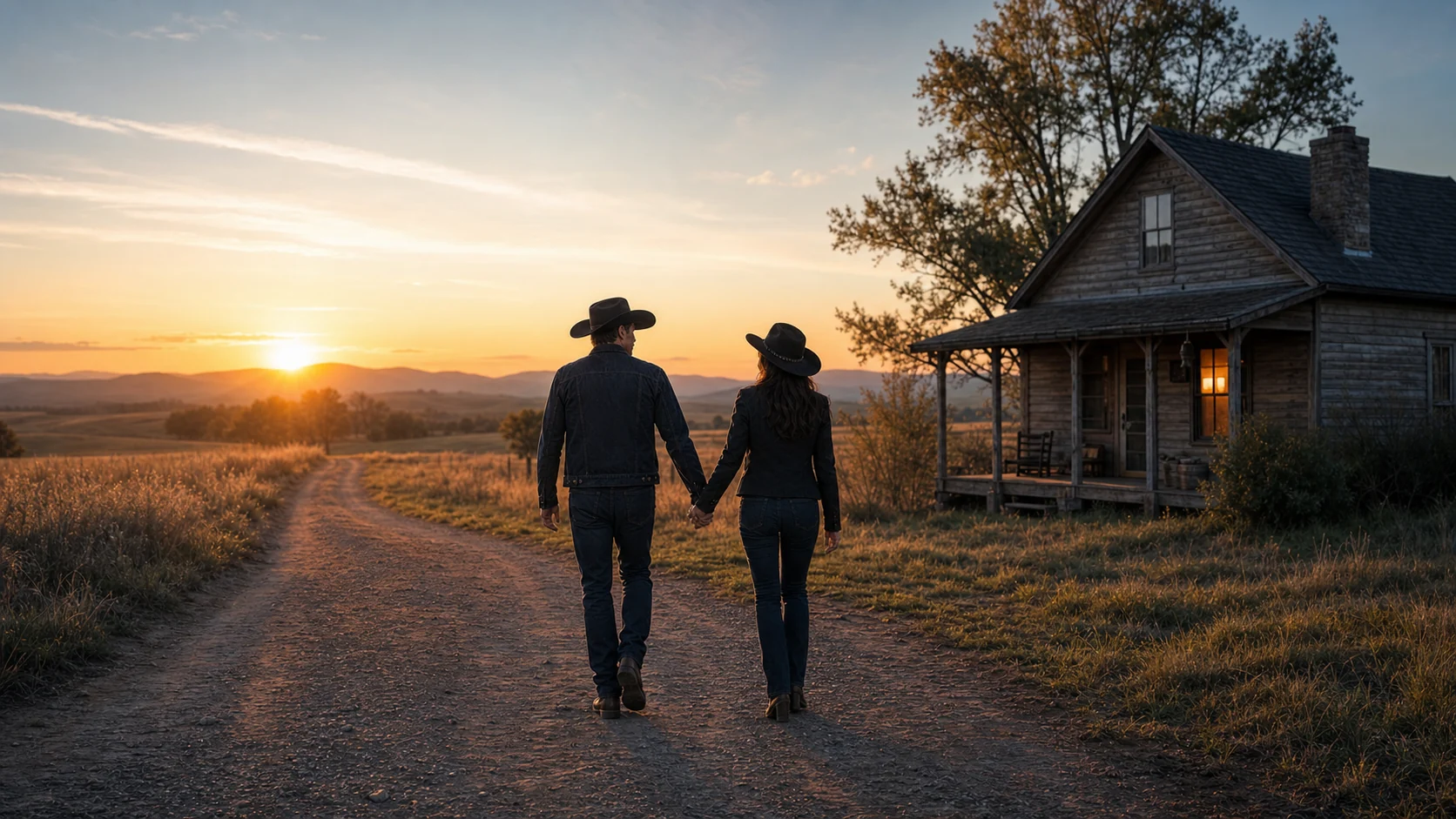 Two artists walking toward a farmhouse at sunset
